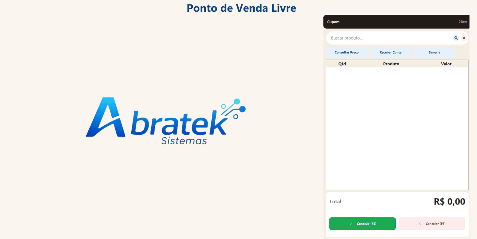 Tela do sistema não fiscal com o caixa livre: campo de busca de produto e o cupom vazio à direita