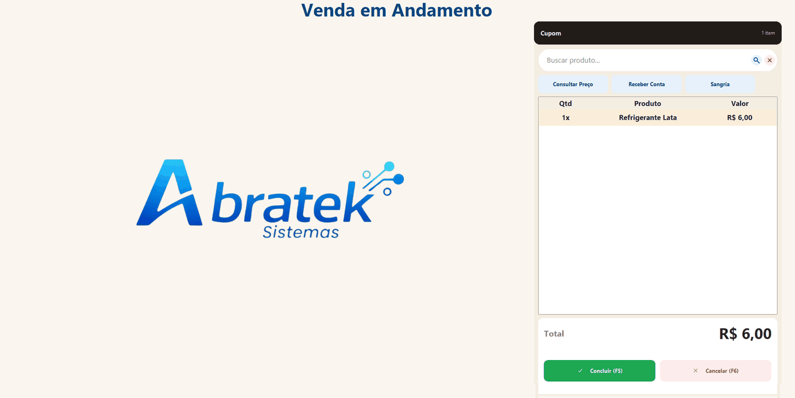 A mesma tela com uma venda em andamento: um item lançado no cupom e o total de 6 reais embaixo